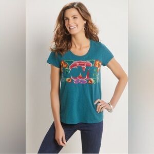 Soft Surroundings Love Tee Large Embroidered Graphic Organic Cotton Shade Spruce
